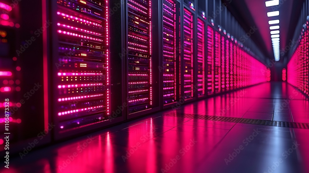 Poster glowing futuristic data center with cooling systems symbolizing cloud computing power and efficiency