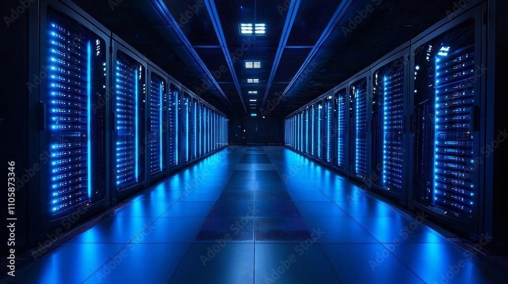 Poster futuristic data center with glowing servers and advanced cooling systems symbolizing power and effic
