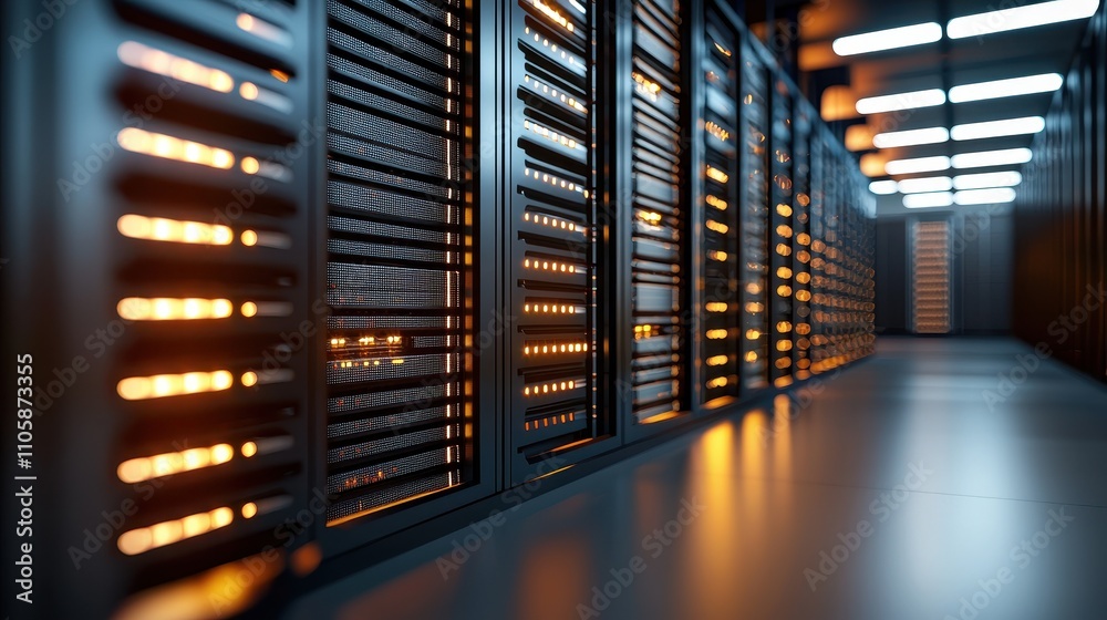 Poster Modern Server Room with Illuminated Racks and High Technology Setup