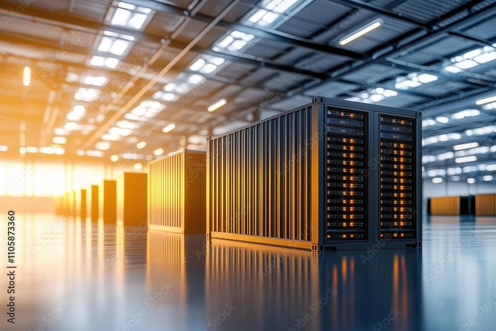 Poster modern data center with server racks in bright industrial space