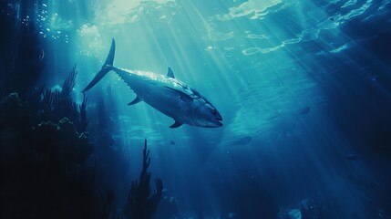 Fototapeta premium An Underwater Ocean Scene with Giant Bluefin Tuna, Generative AI.