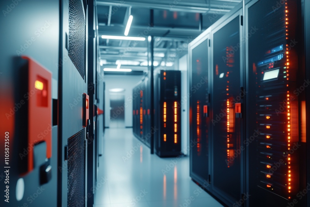 Poster modern data center with server racks and bright led lights