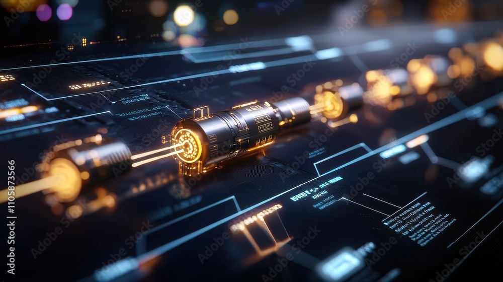 Poster Futuristic Technology Interface with Glowing Elements and Data Charts