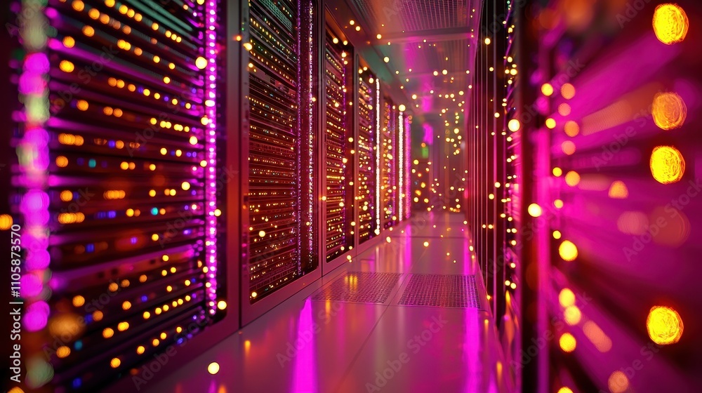 Poster Enigmatic Pathway Through Futuristic Data Center with Colorful Lights
