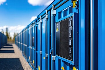 Fototapeta premium Bright Blue Storage Containers Lined Up Under a Clear Sky