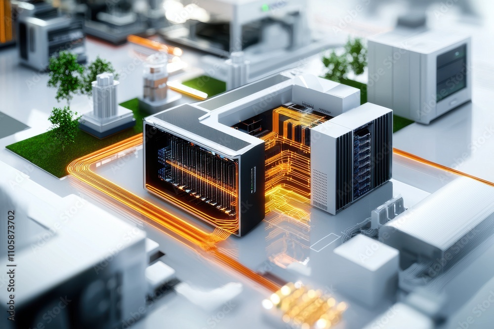 Poster Modern Data Center with High-Tech Servers and Bright Circuitry