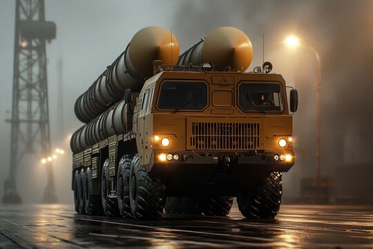 S-400 missile defense system launcher positioned under low light conditions, showcasing military readiness and technology in action