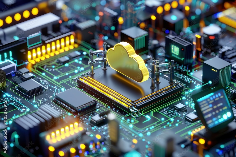 Aufkleber cloud technology concept on circuit board with neon lights