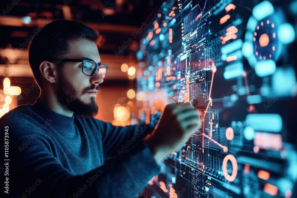 Poster Young Man Using Interactive Digital Interface in Modern Workspace