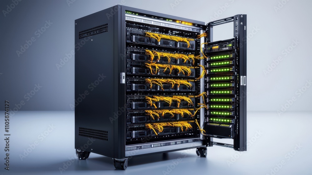 Poster modern server rack with bright cables and led indicators