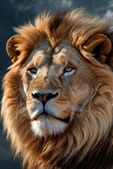 Fototapeta premium powerful lion in outdoors nature, symbolizing strength and majesty, thunderstorm with lightning in background