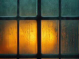Captivating Window View with Soft Glare of Light Behind Droplet-Streaked Glass, Evoking Warmth and Tranquility on a Rainy Evening
