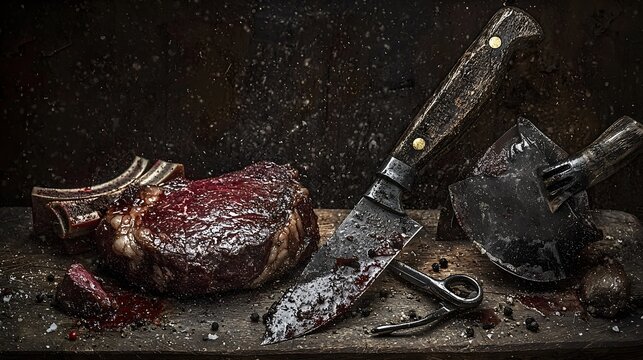 Beef and Butcher's Tools: A double exposure of a juicy steak and a butcher's tools, such as a knife and cleaver, lying on a wooden cutting board. Double Exposure.[Beff]:[Butcher] 