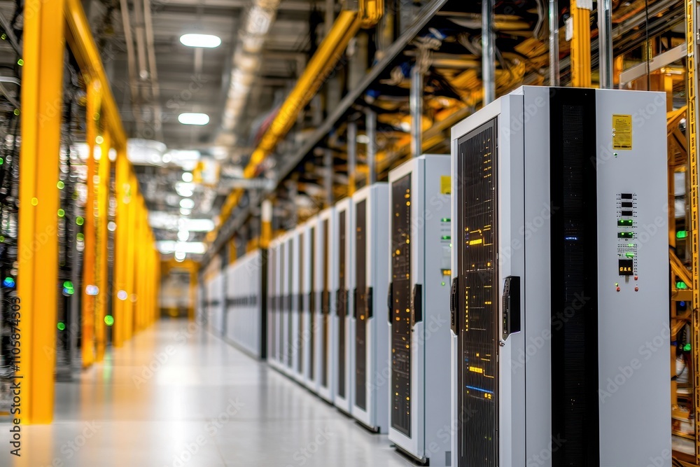 Poster Modern Data Center Interior with Rows of High-Tech Server Racks