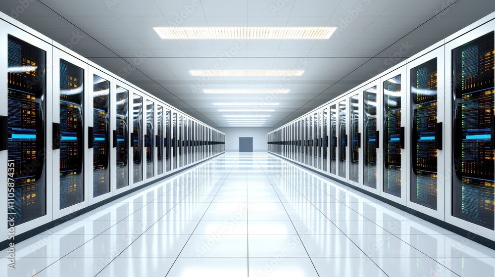 Poster Modern Data Center Interior with Rows of Server Racks Illuminated
