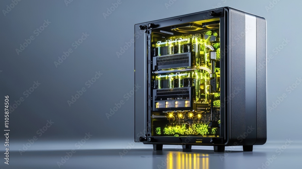 Poster Modern Computer Case with Neon Lights and Open Panel Display