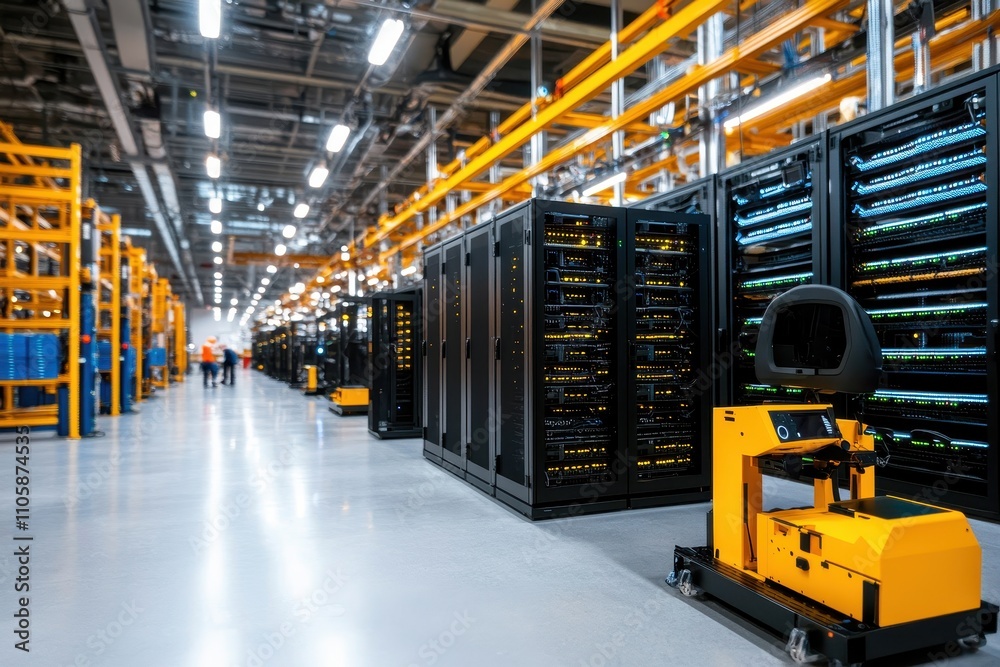 Poster Modern Data Center with Network Racks and Automated Vehicle