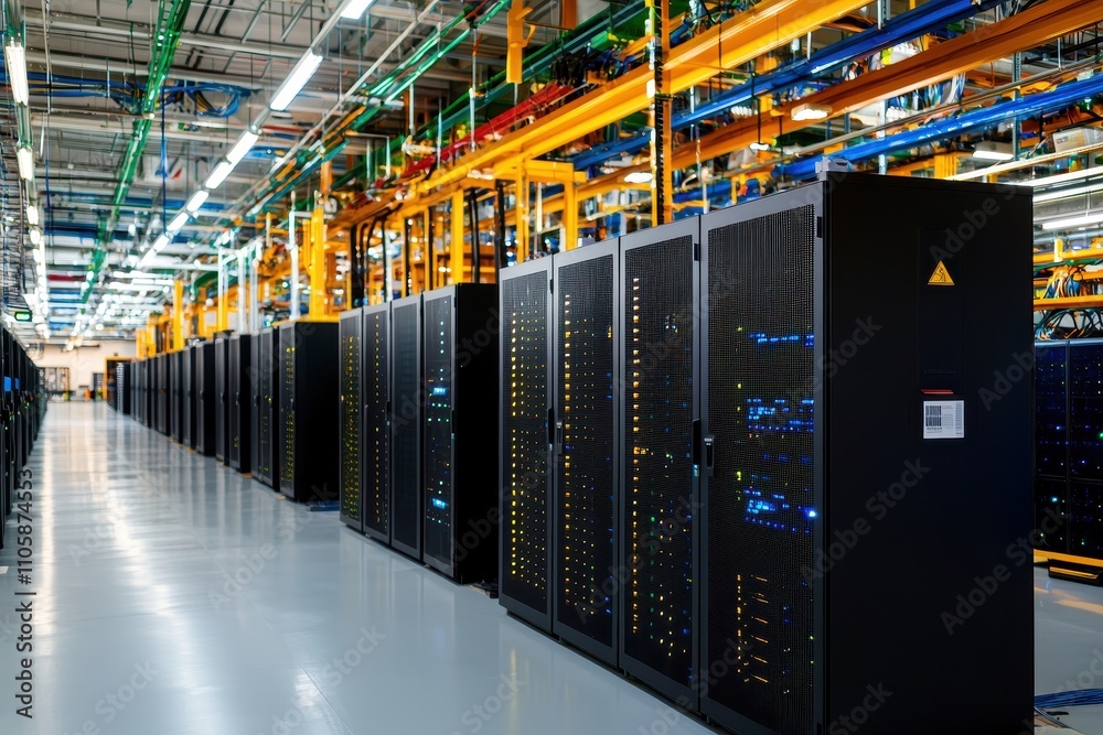 Poster Modern Data Center with Server Racks and Advanced Networking Equipment
