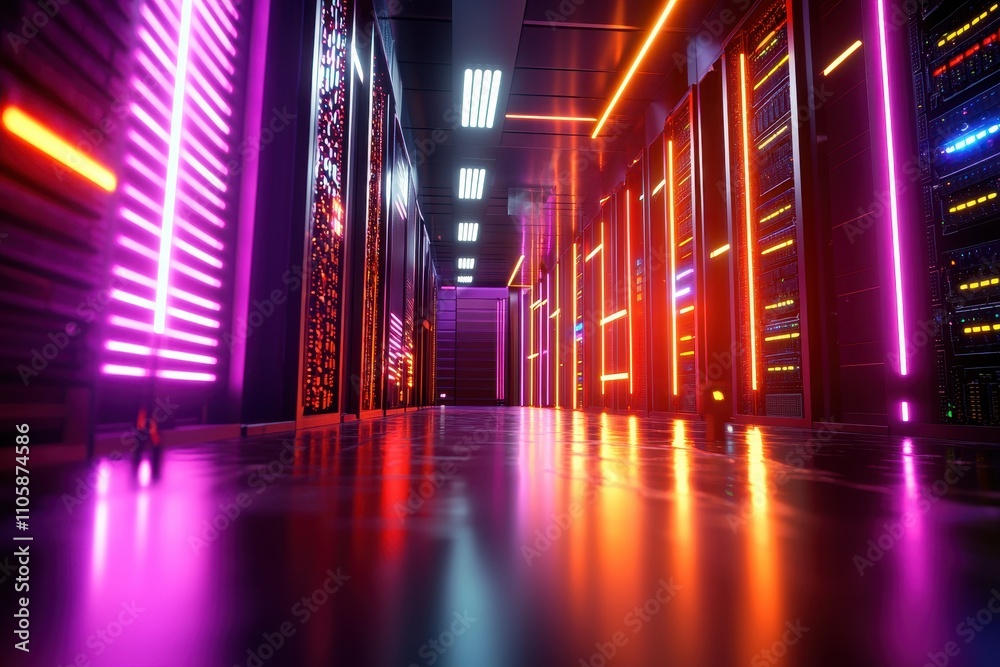 Poster High-Tech Server Room with Colorful LED Lighting and Reflections