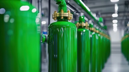 Green Cylinders with Brass Valves in Industrial Facility Setting