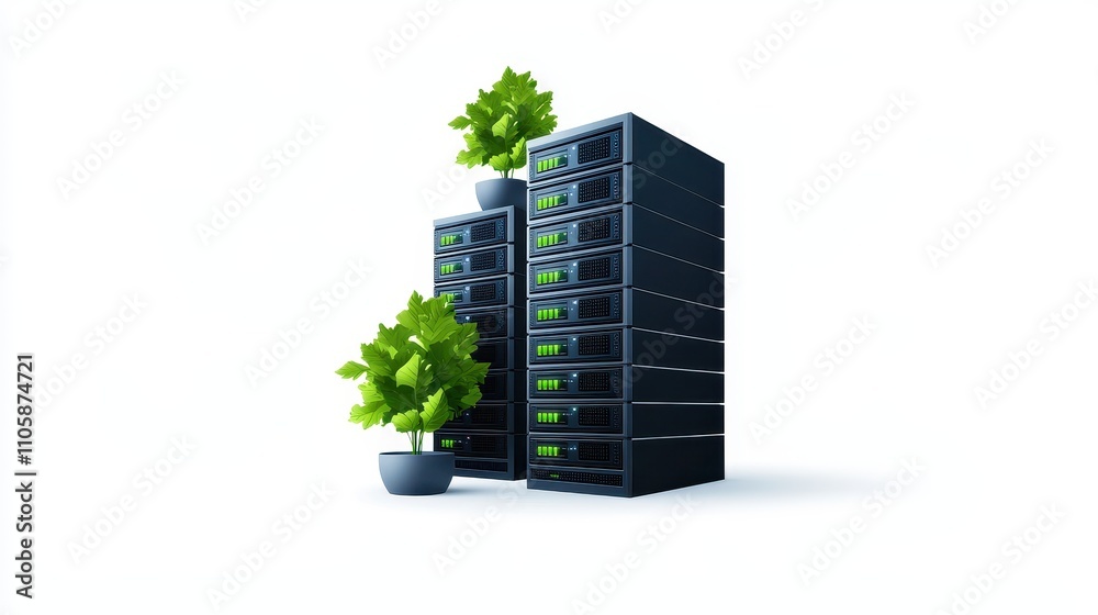 Poster server rack with green plants for environmentally friendly data center