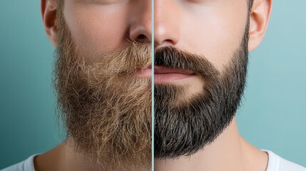 A close-up of two male faces side by side, showcasing different beard styles: one with a light, unkempt beard and the other with a polished, dark beard., contrast of hair style, comparison