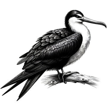 a frigatebird sketch engraving. White background.