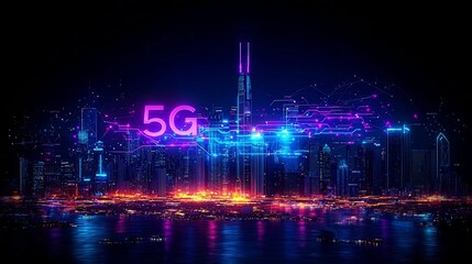 Glowing 5G Tower Emitting Waves of Data Across Futuristic Cityscape