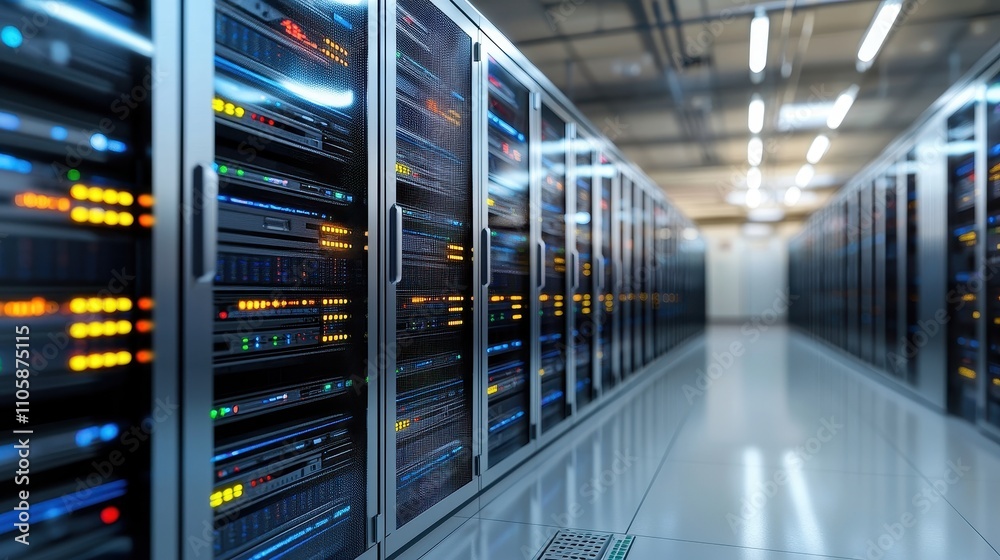 Poster Modern Data Center with Rows of Servers and Bright LED Indicators
