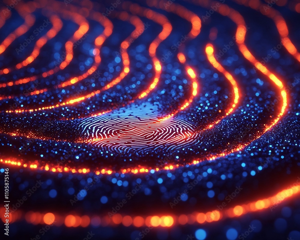 Poster glowing digital fingerprint scanner authenticating user for secure high tech access