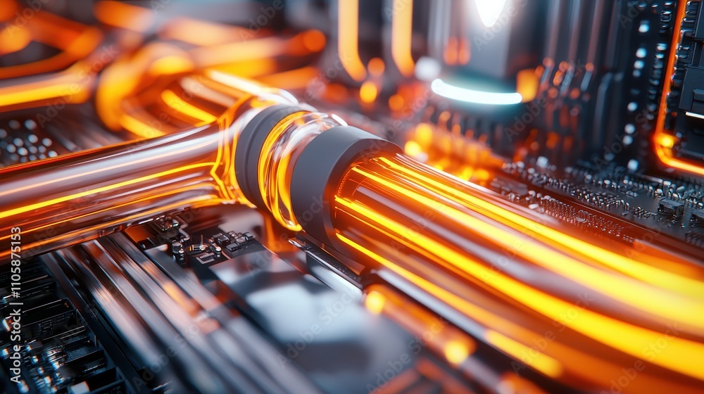 Poster Glowing Orange Pipes on a Circuit Board in a Futuristic Setting