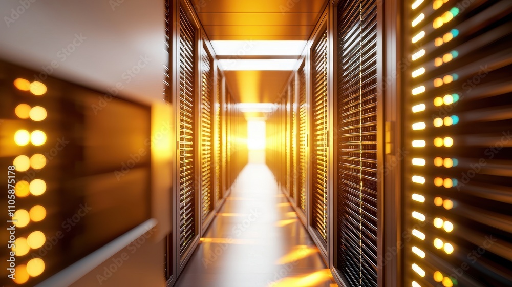 Poster futuristic data center corridor with warm light and modern design