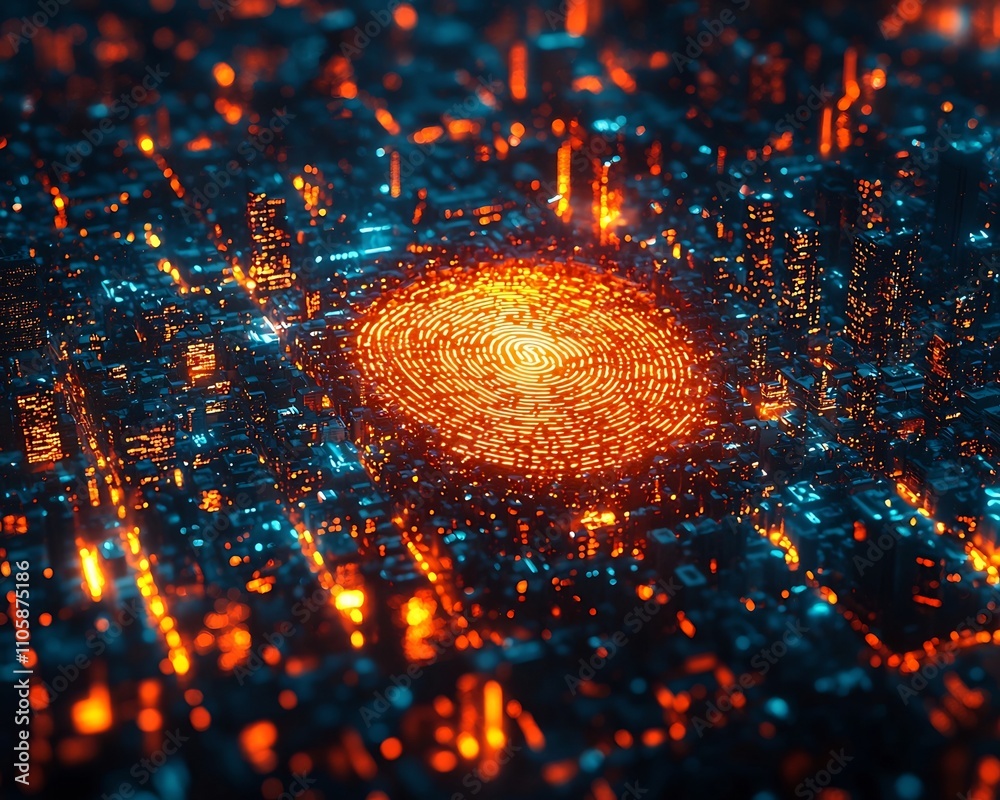 Poster glowing fingerprint scanner authenticating user for secure high tech systems and advancements in bio