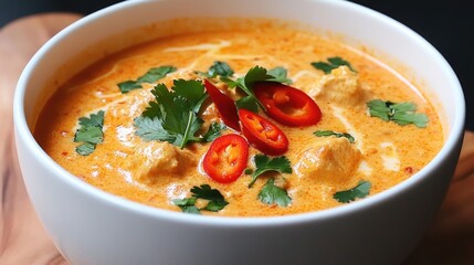 Creamy Coconut Curry Soup with Chicken, Red Chili Slices, and Fresh Green Cilantro Served in a White Bowl on a Wooden Board with Dark Background