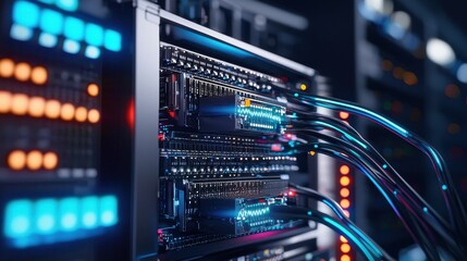 Digital Server Room with Network Cables and Data Storage Equipment