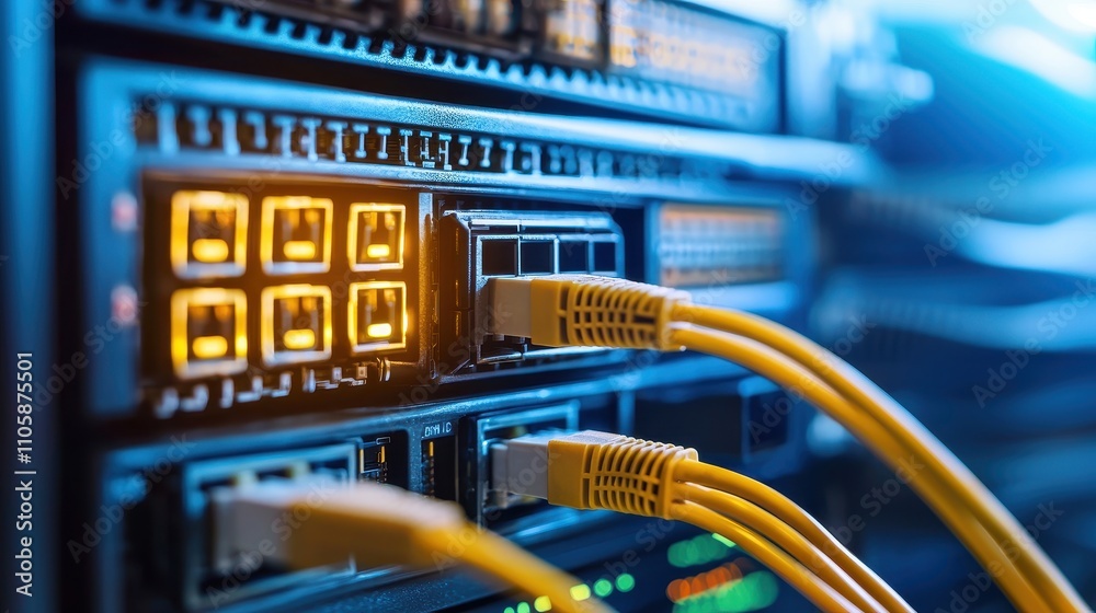 Poster Close-Up of Network Switch with Ethernet Cables Connected