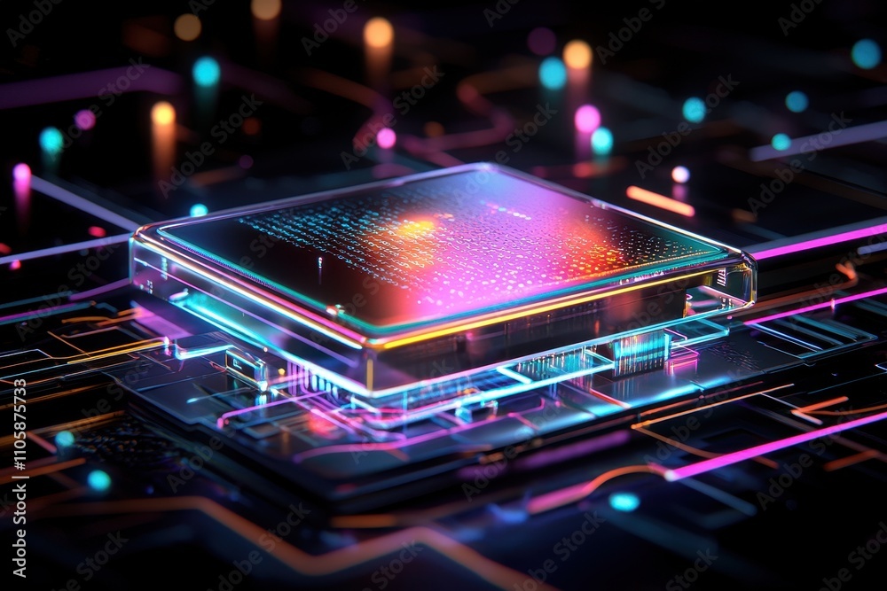 Aufkleber Colorful Microchip on Abstract Technological Background in Neon Glow