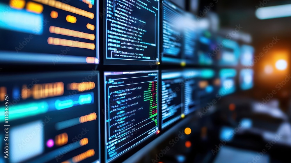 Fototapete Data Analysis on Computer Screens Displaying Code and Information