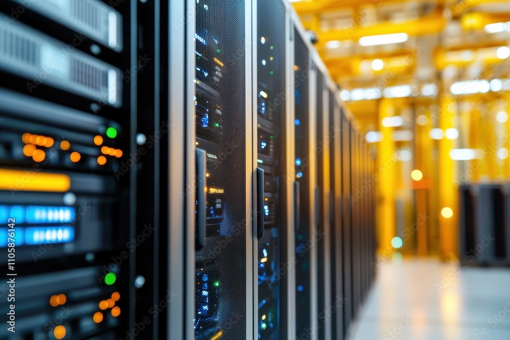 Poster modern data center interior with rows of digital servers and lights