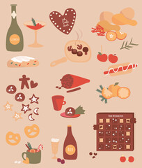 Traditional German Christmas Food and sweets for xmas, Roasted Goose Legs, Mulled Wine, stollen, potato