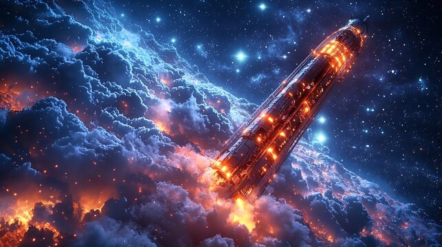 Conceptual Rendering of a Futuristic Space Elevator with Glowing Cables and Capsules Transporting Goods and People