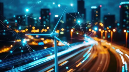 Urban Nightscape with Wind Turbine and Light Trails in Cityscape