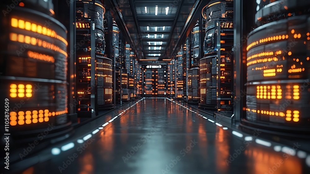 Poster futuristic warehouse with autonomous robots sorting packages and organizing inventory in real time