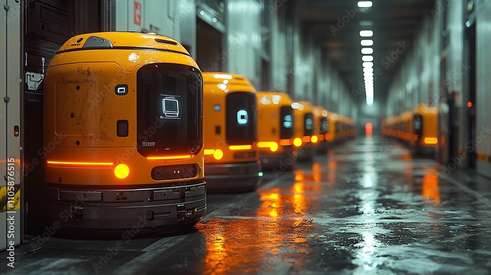 Poster futuristic warehouse with autonomous robots sorting and organizing inventory in real time