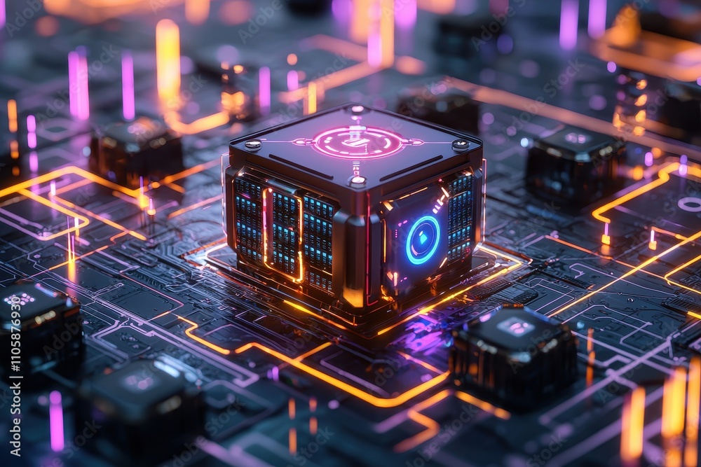 Poster Futuristic Microchip on Circuit Board with Neon Lights and Textures