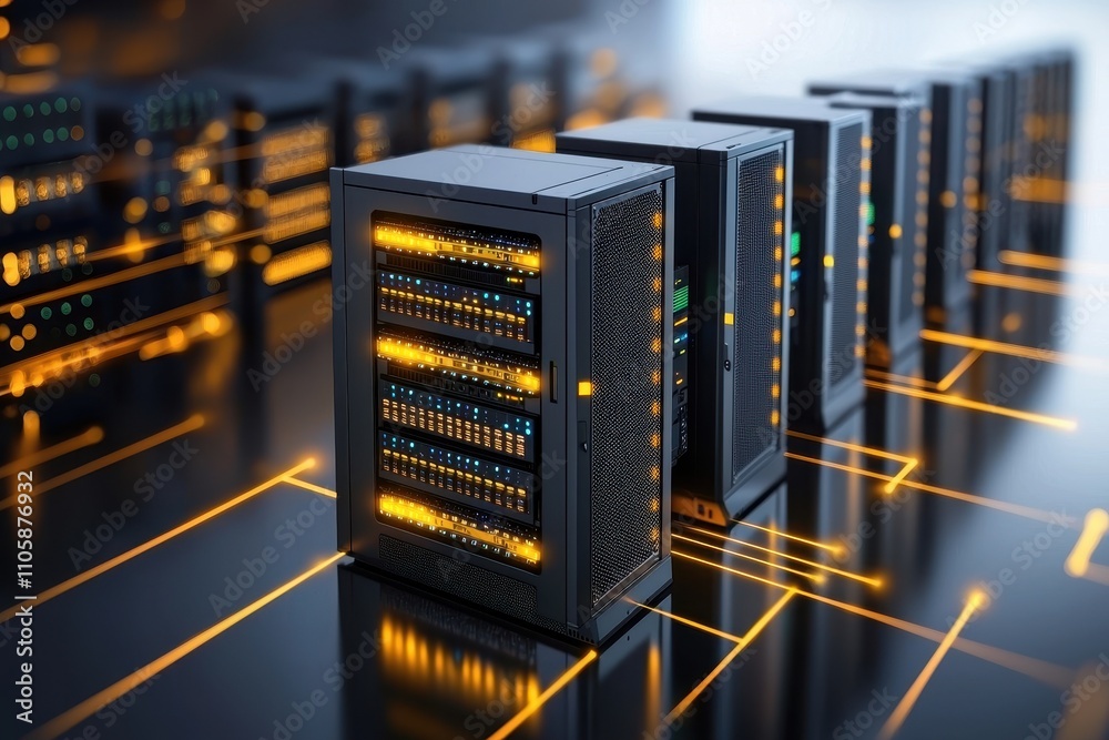 Poster Advanced Data Center with Server Racks and Neon Lighting Effects