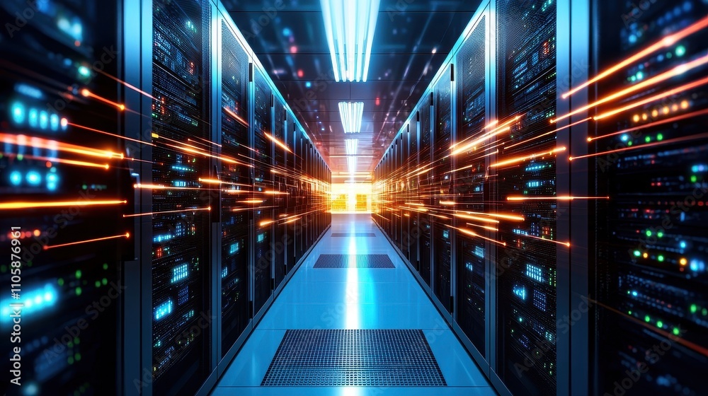 Poster futuristic data center with network cables and lights at sunset