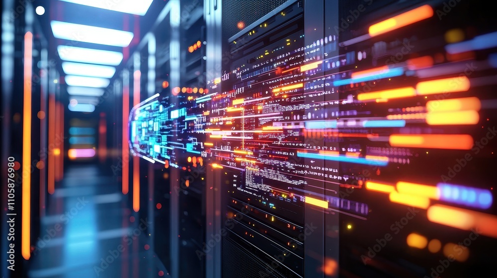 Poster Dynamic Digital Data Flow Through Server Room with Light Effects