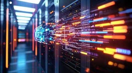 Naklejka premium Dynamic Digital Data Flow Through Server Room with Light Effects