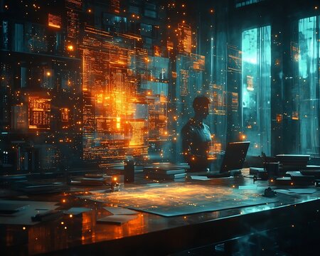 Futuristic Legal Office with Lawyers Consulting Digital Assistant and Analyzing Floating Business Case Files - Powered by Adobe